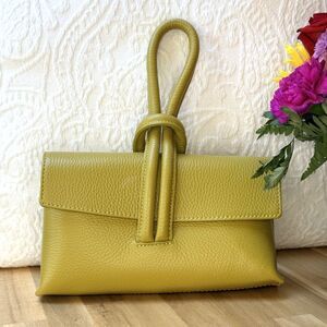 Genuine Italian Leather Mini Clutch Bag Green Sculptural Handle Made in Italy